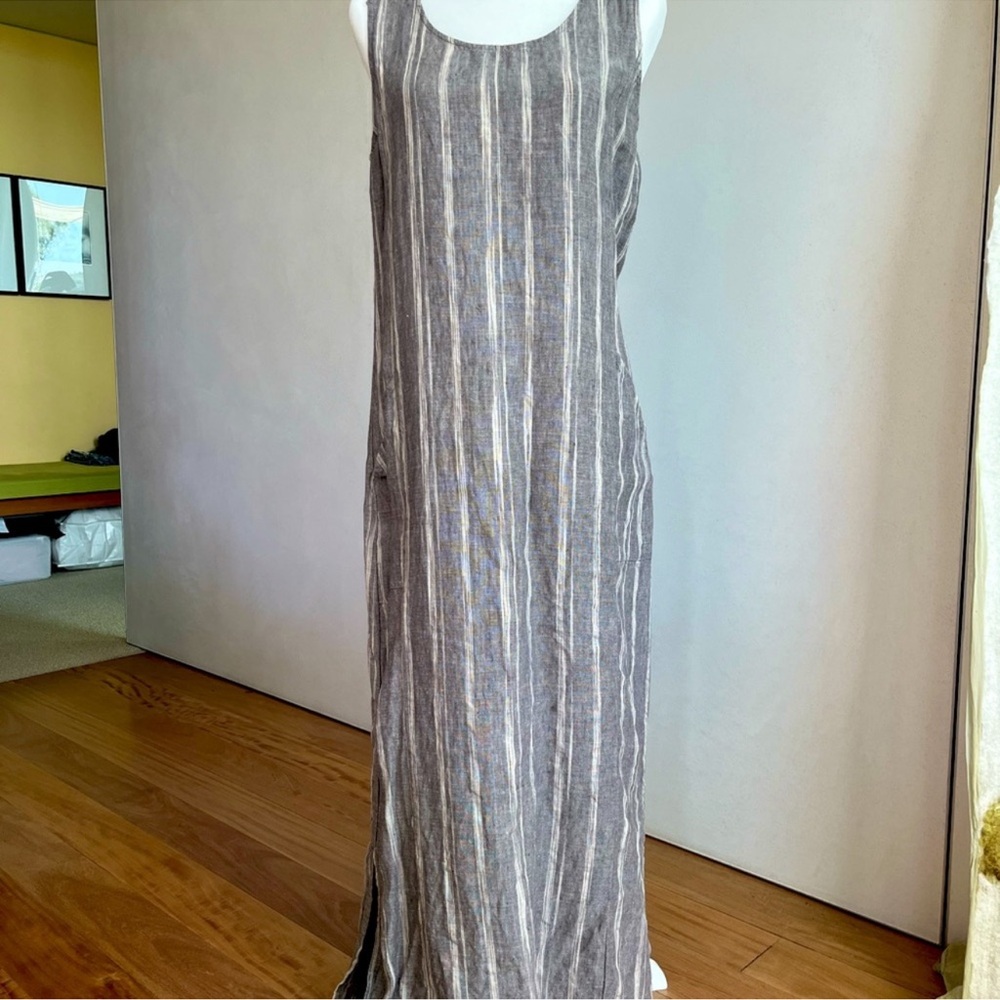 Garnet Hill—Linen Sleeveless Maxi Dress, Gray and Cream— 8